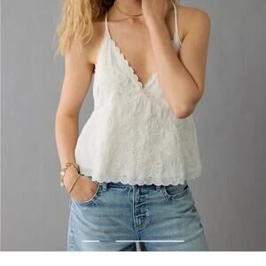 American Eagle Boho Lace Halter Top White Embroidered Crop XL Cottagecore Cotton